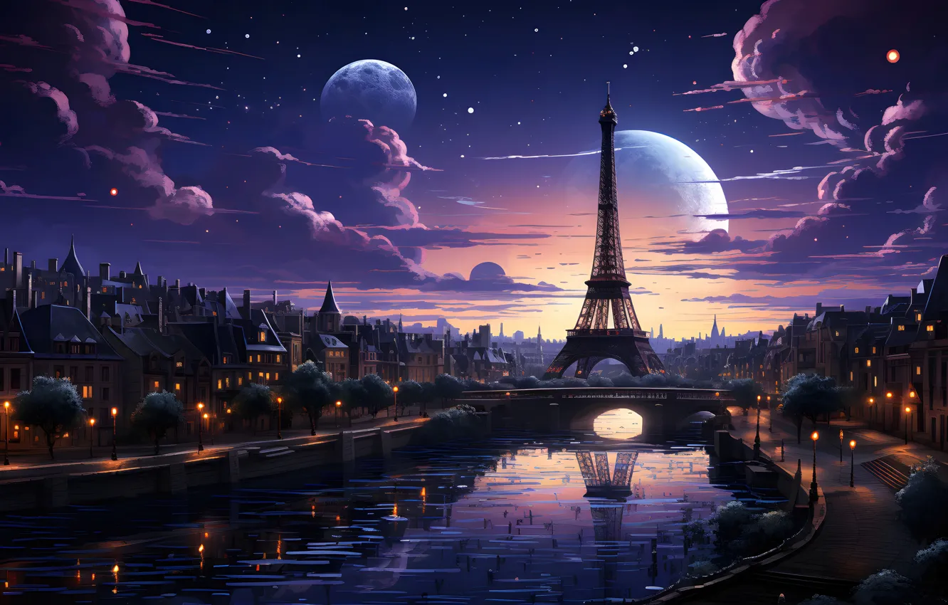 Photo wallpaper city, paris, night, scenery, digital art