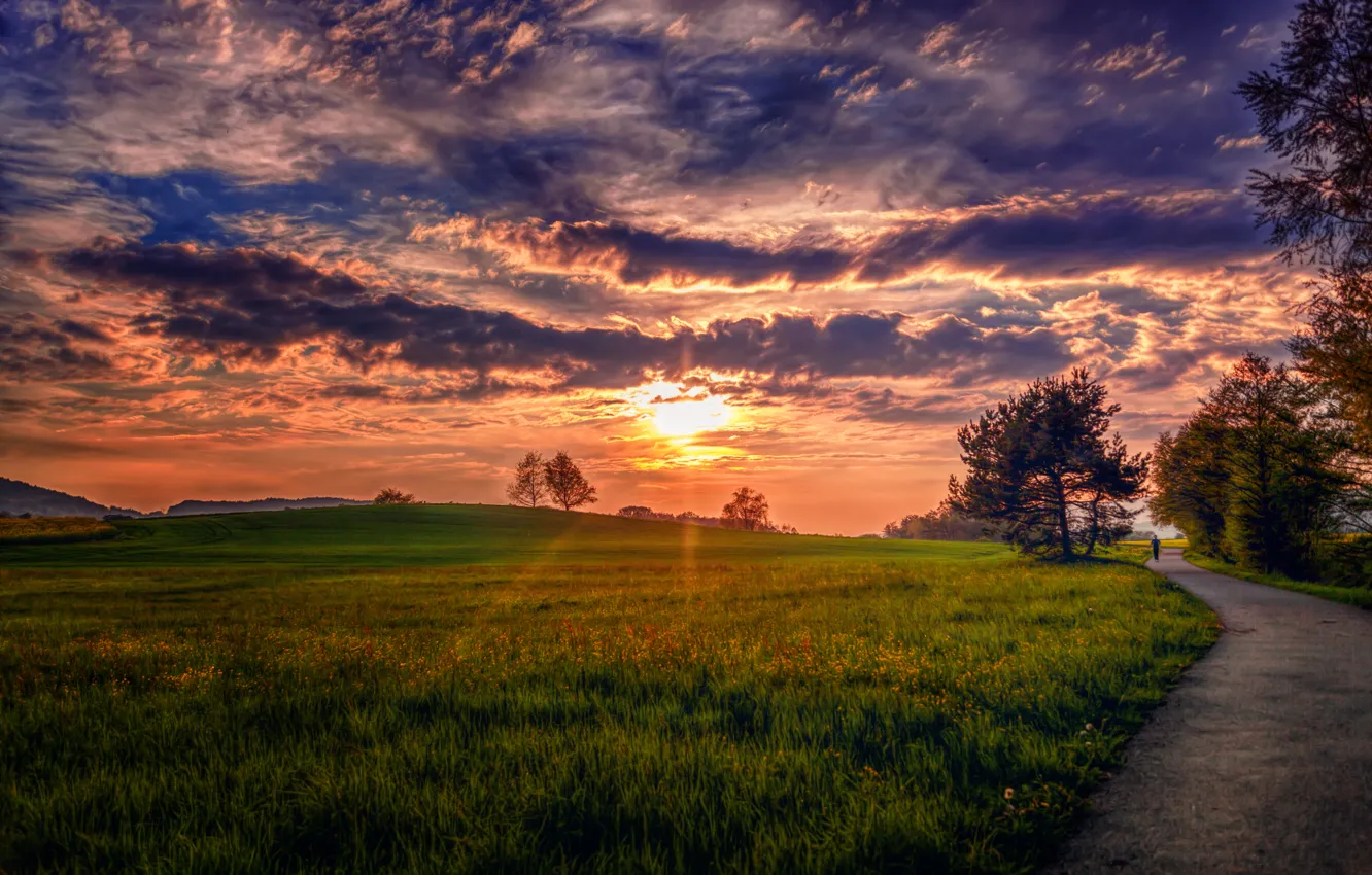 Photo wallpaper road, the sky, grass, clouds, trees, landscape, nature