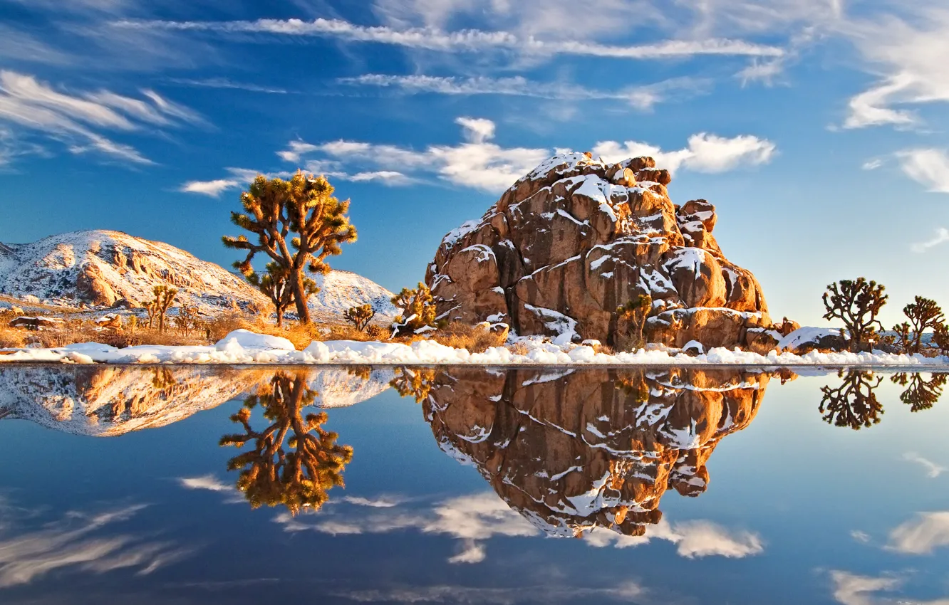 Photo wallpaper winter, water, snow, trees, landscape, nature, stones, America