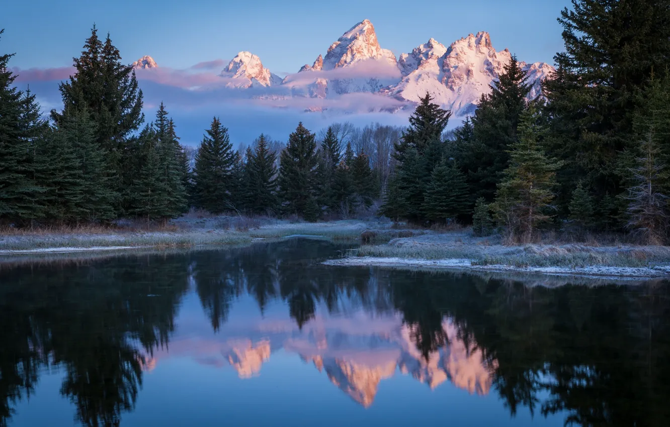 Photo wallpaper frost, forest, reflection, mountains, Nature, morning, Wyoming, USA