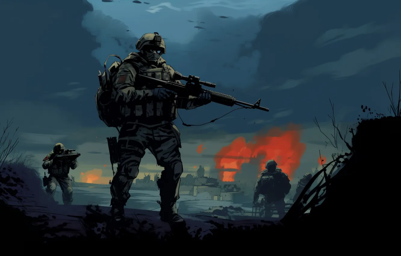 Photo wallpaper night, art, soldiers, sniper, sniper rifle, digital art, AI art, The Art of Artificial Intelligence