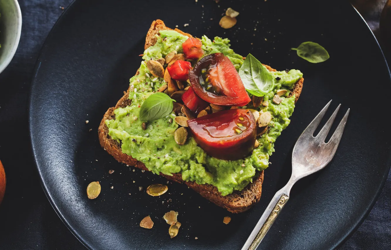 Photo wallpaper greens, the dark background, bread, plug, nuts, vegetables, tomatoes, slices