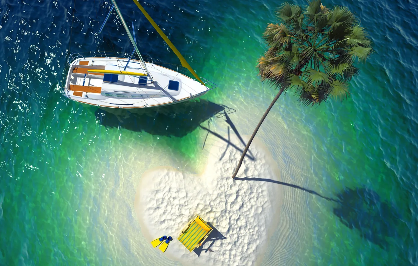 Photo wallpaper palm trees, heart, yacht, island, the view from the top, fins