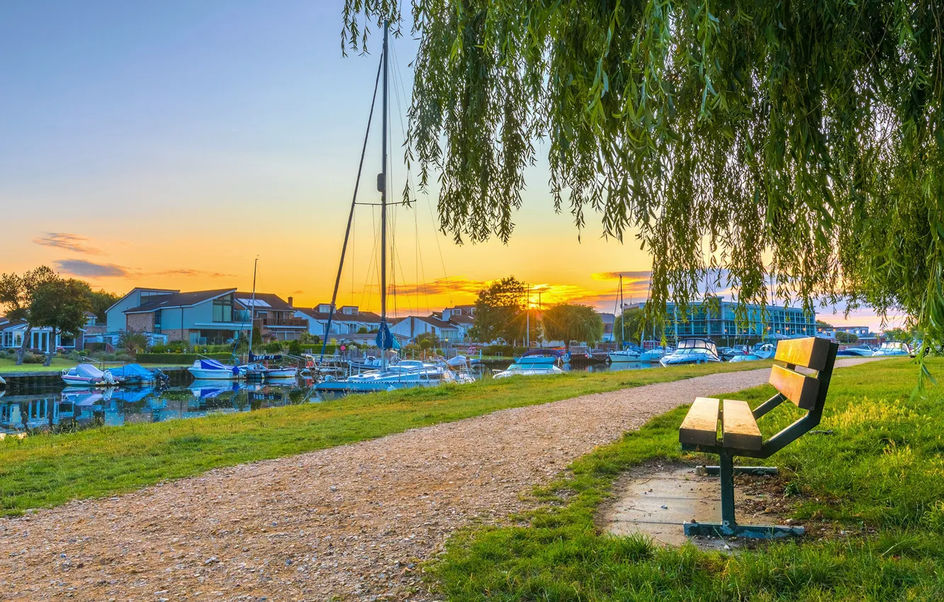 Photo wallpaper sunset, bench, nature, river, England, boats, boat