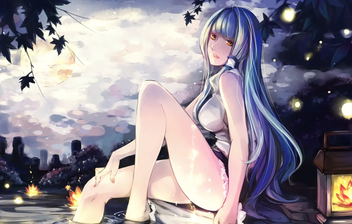 Photo wallpaper the sky, water, girl, clouds, flowers, night, fireflies, the moon