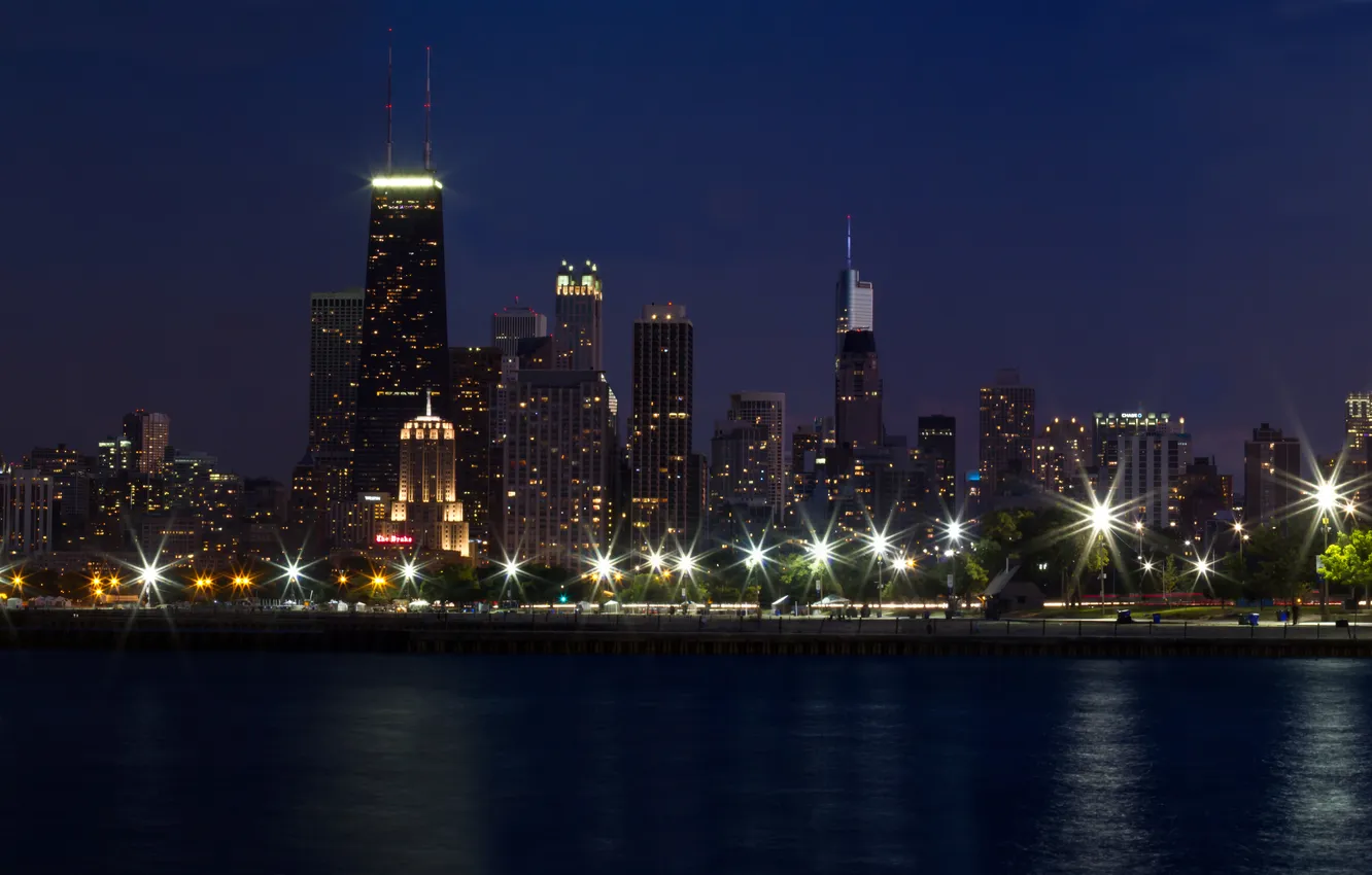 Photo wallpaper night, the city, lights, Park, river, home, Chicago, USA