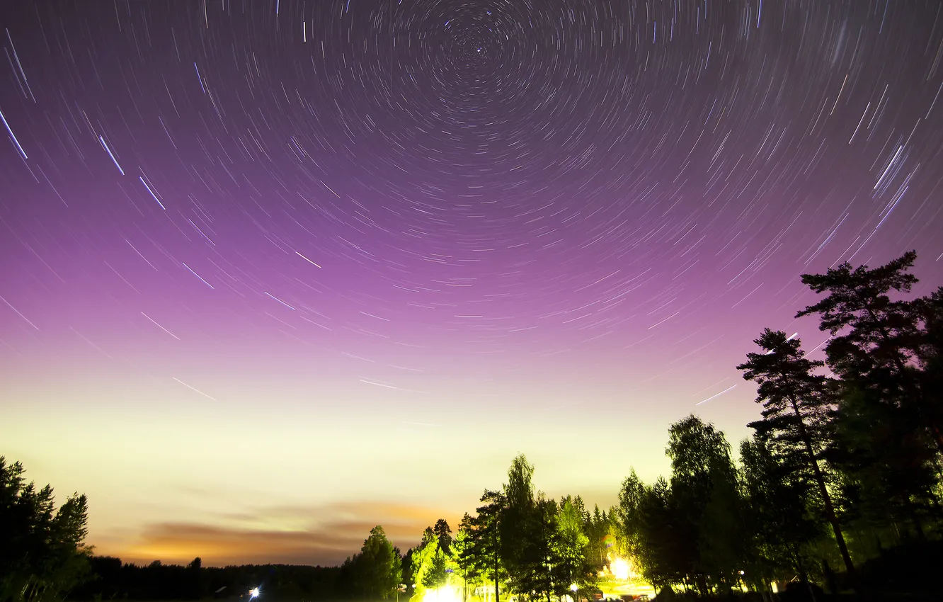 Photo wallpaper the sky, stars, trees, night, lights, lake