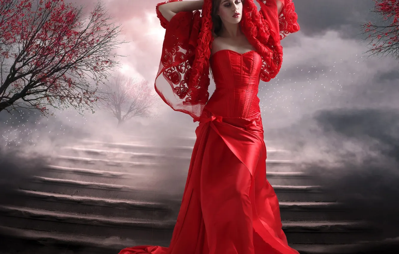 Photo wallpaper red, dress, steps, brown hair