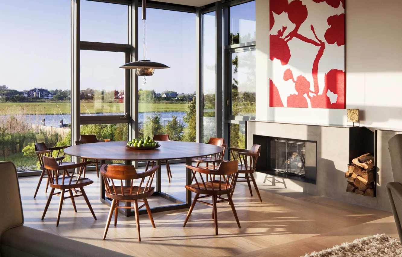 Photo wallpaper interior, fireplace, New York, dining room, Hamptons, river view, coastal modern home, by Thad Hayes