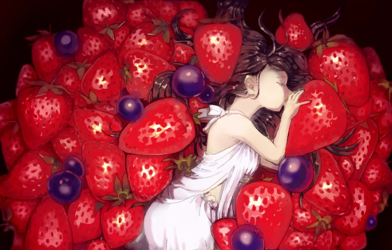 Photo wallpaper blueberries, strawberry, sleeping, girl, white dress, a lot