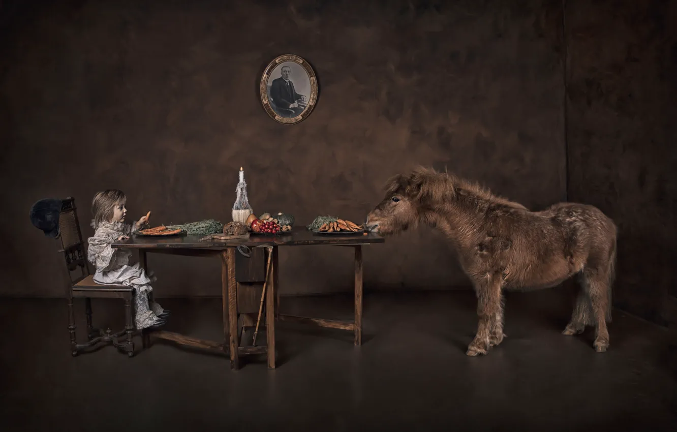 Photo wallpaper table, food, girl, pony