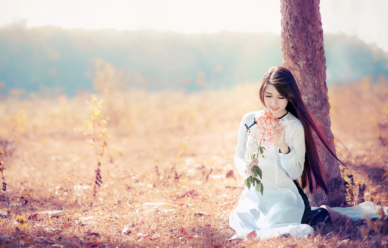 Photo wallpaper girl, light, flowers, Asian