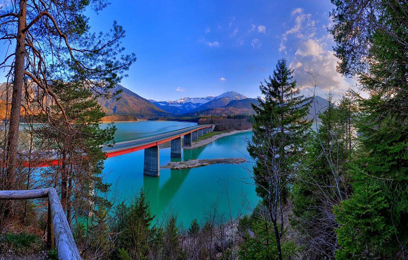 Photo wallpaper landscape, mountains, bridge, nature, lake, Germany, Bayern, Alps