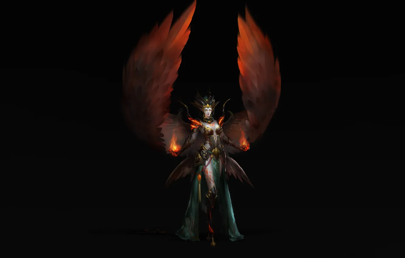 Photo wallpaper fire, girl, fantasy, magic, style, art, wings, background