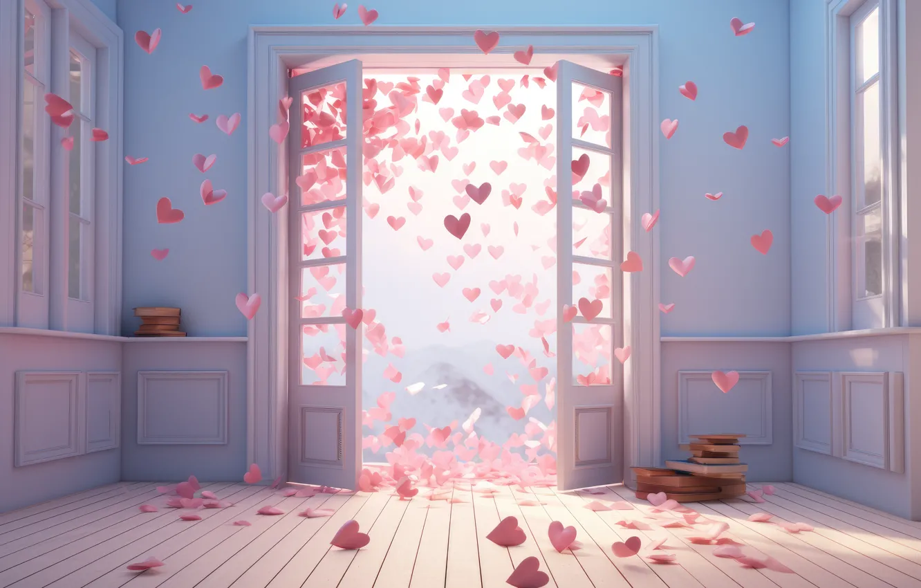 Photo wallpaper the door, heart, Flies, room, interior, holiday, mountains, AI art