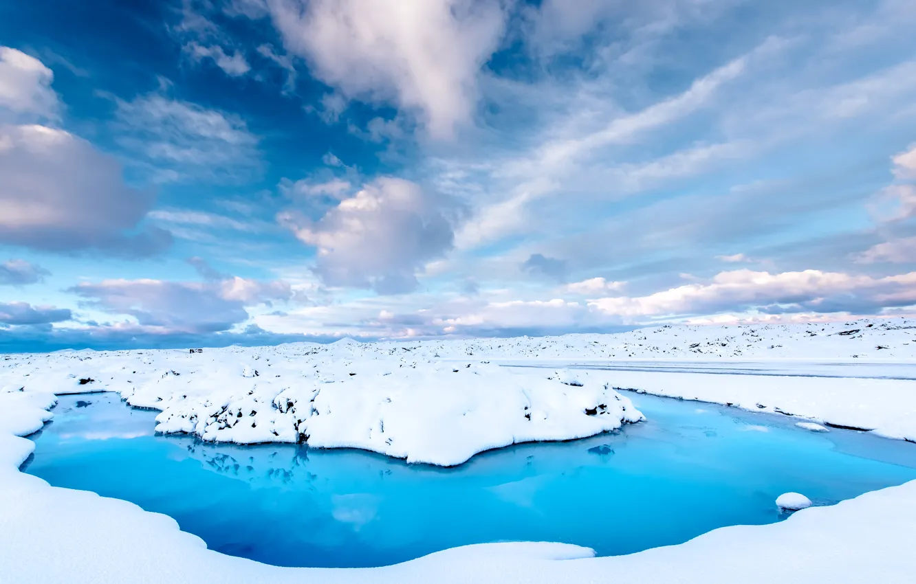 Photo wallpaper winter, road, the sky, water, clouds, snow, Iceland
