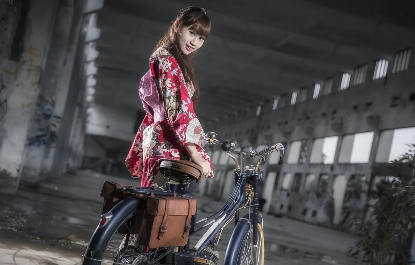 Photo wallpaper bike, room, kimono, Japanese girl
