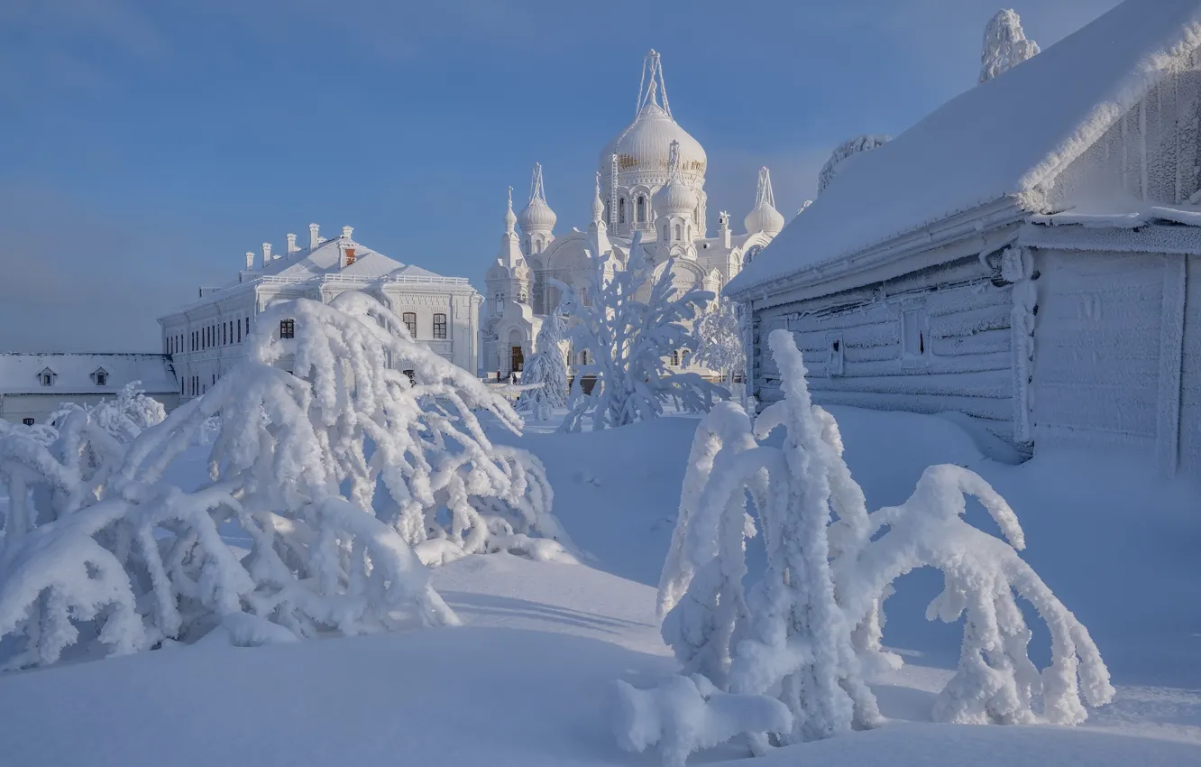 Photo wallpaper winter, snow, building, frost, the barn, Church, the snow, temple