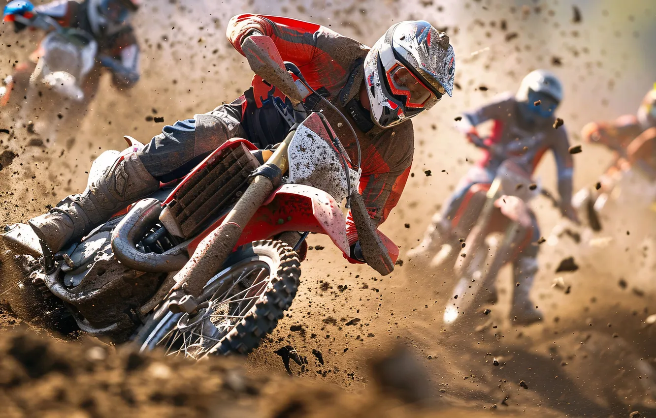 Photo wallpaper dirt, motorcycle, athlete, male, Motorsport, digital art, AI art, The Art of Artificial Intelligence