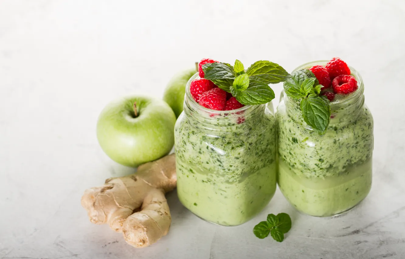 Photo wallpaper raspberry, apples, drink, mint, ginger, smoothies