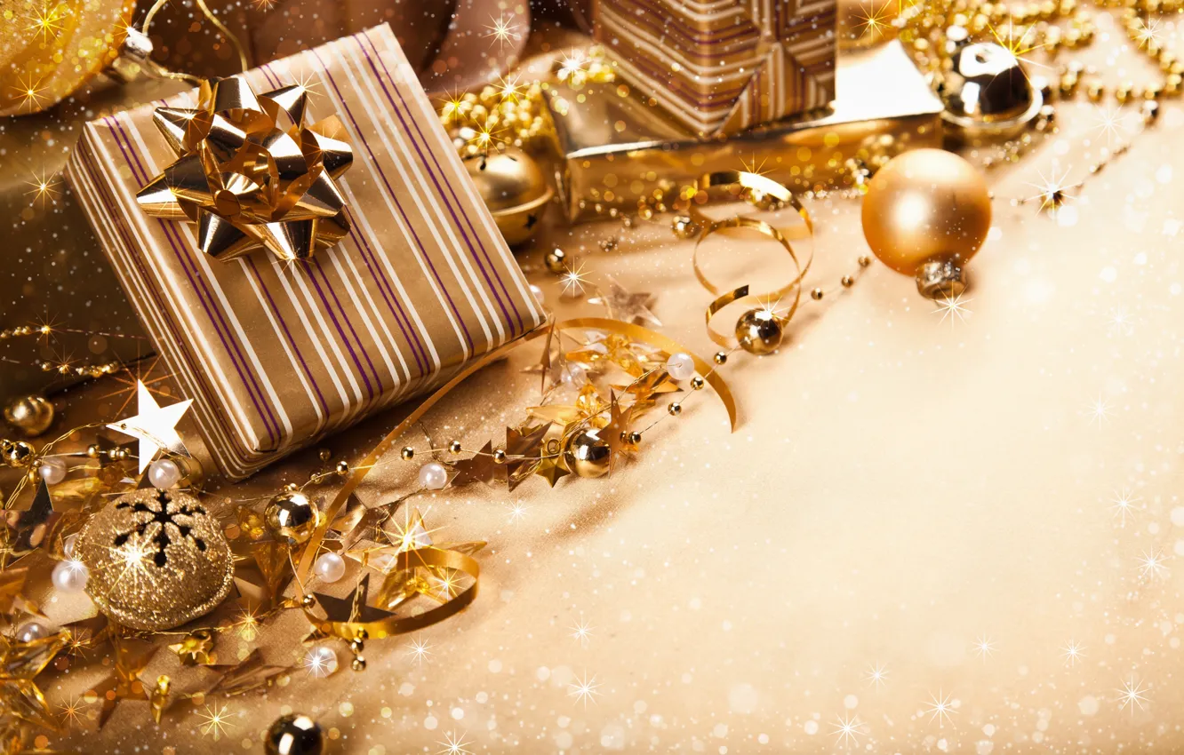 Photo wallpaper balls, tape, gold, New Year, Christmas, gifts, the scenery, Christmas