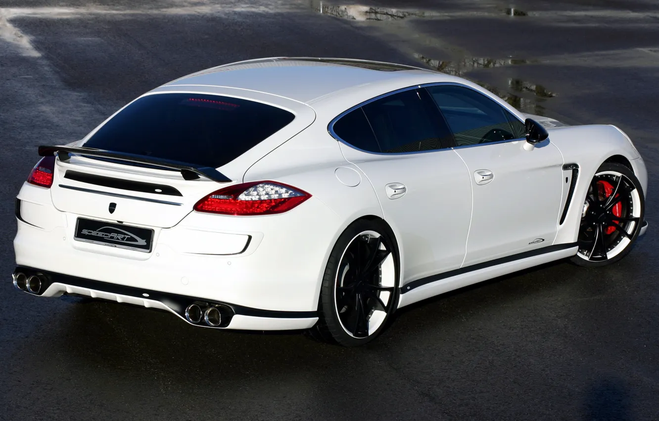 Photo wallpaper Road, White, Porsche, Wheel, Machine, Panamera, Lights, Drives