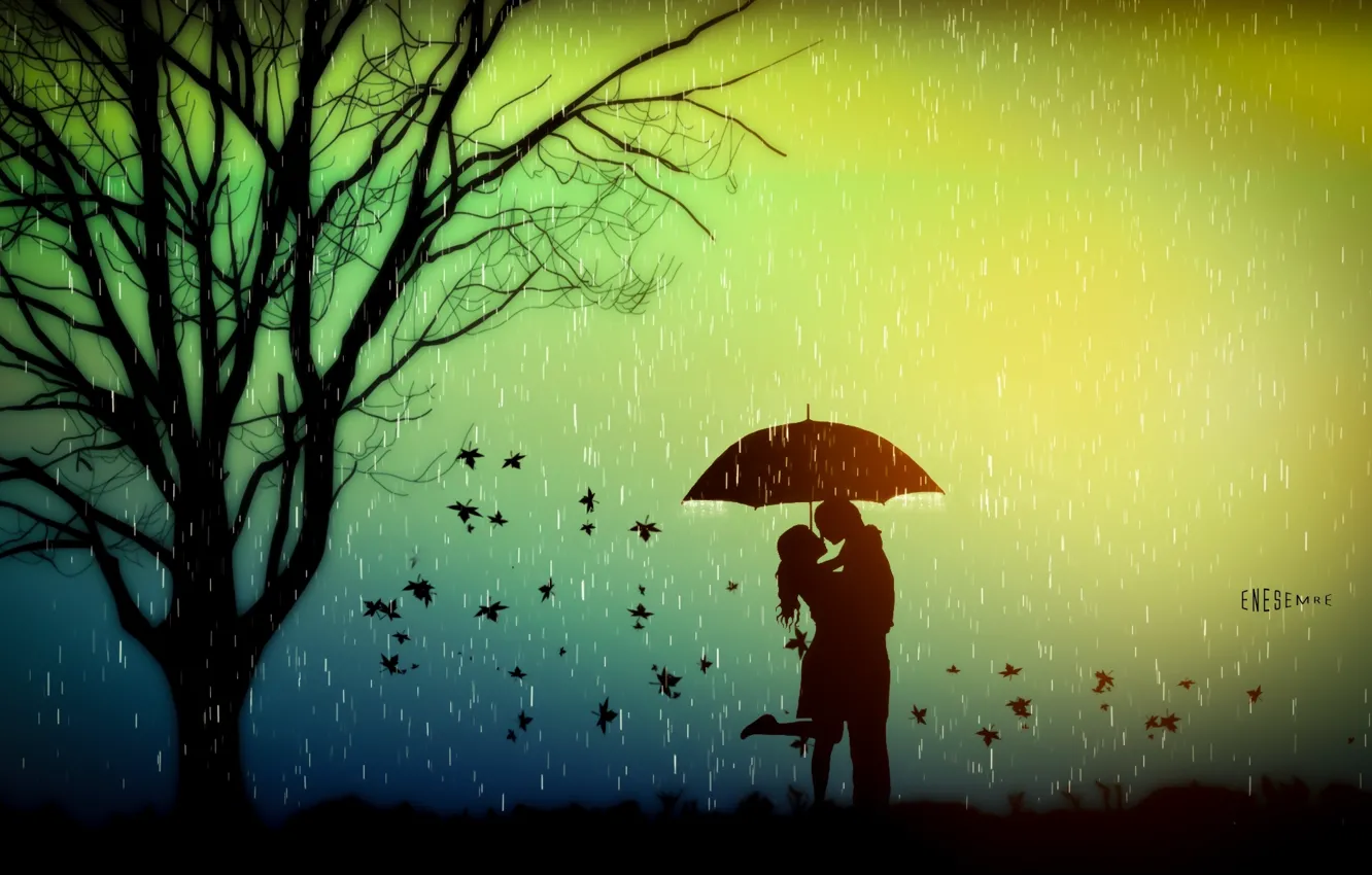 Photo wallpaper autumn, leaves, love, rain, tree, mood, romance, umbrella