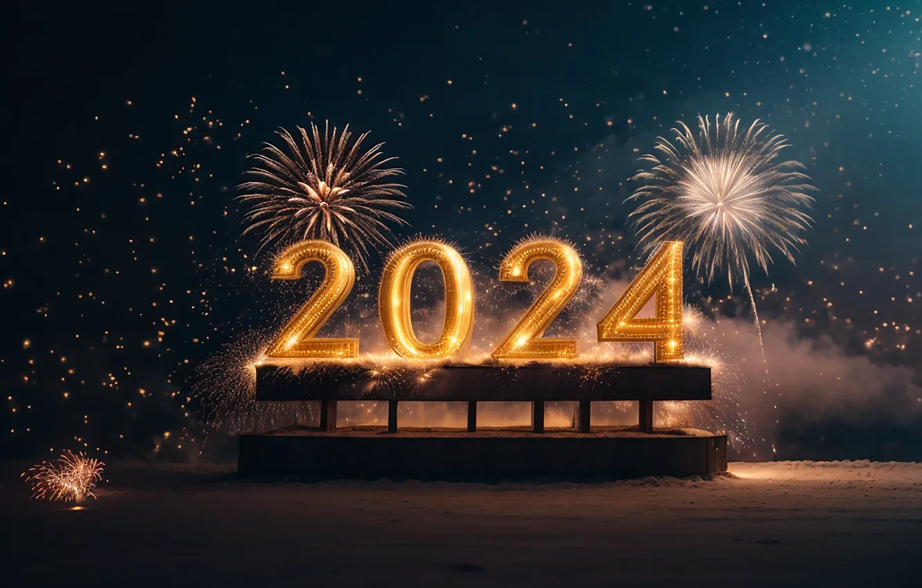 Photo wallpaper new year, salute, figures, golden, New Year, numbers, 2024, fieworks