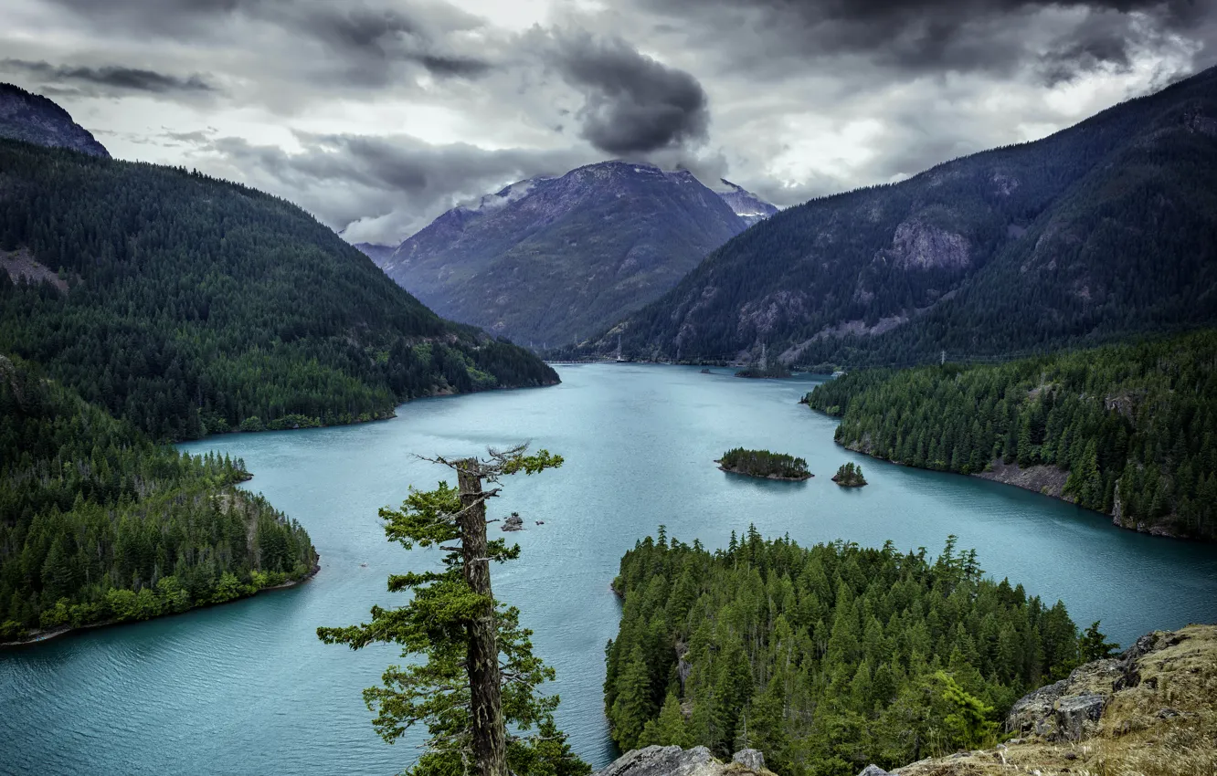 Photo wallpaper forest, clouds, trees, mountains, lake, stones, rocks, Washington