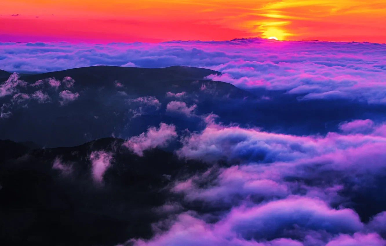 Photo wallpaper the sun, sunset, mountains, beauty, horizon, space, fantastic landscape, Bird's-eye view