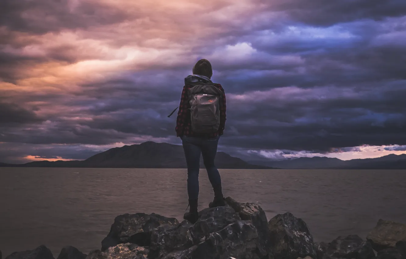 Photo wallpaper girl, USA, United States, sky, woman, water, mountains, clouds