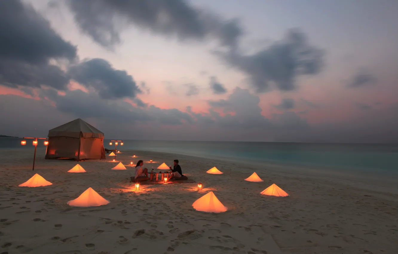 Photo wallpaper beach, the ocean, romance, the evening, candles, tent, pair, two