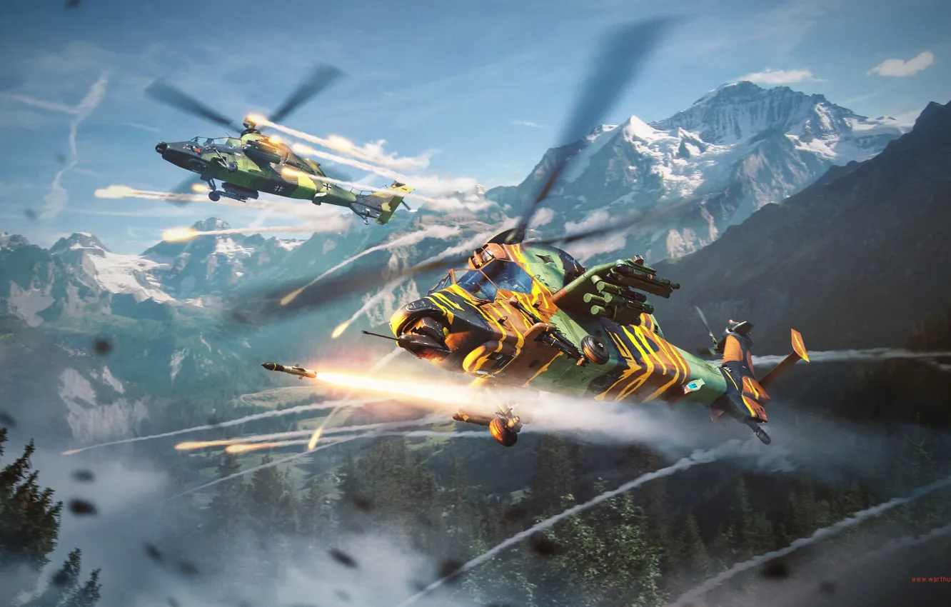 Photo wallpaper mountains, rocket, helicopter, War Thunder, attack helicopter