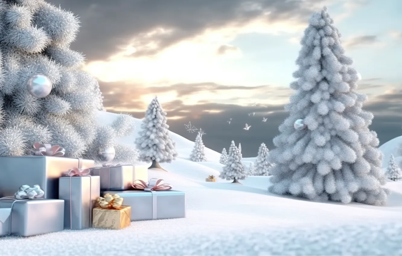 Photo wallpaper winter, snow, decoration, balls, tree, New Year, Christmas, gifts