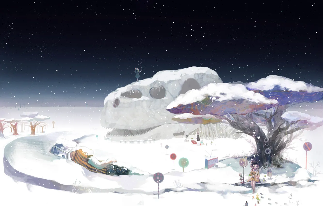 Photo wallpaper winter, snow, anime, art, girl