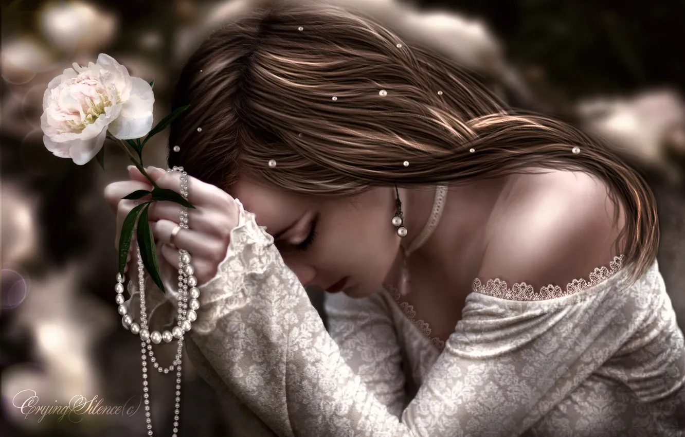 Photo wallpaper sadness, girl, decoration, flowers, face, hair, hands, pearl