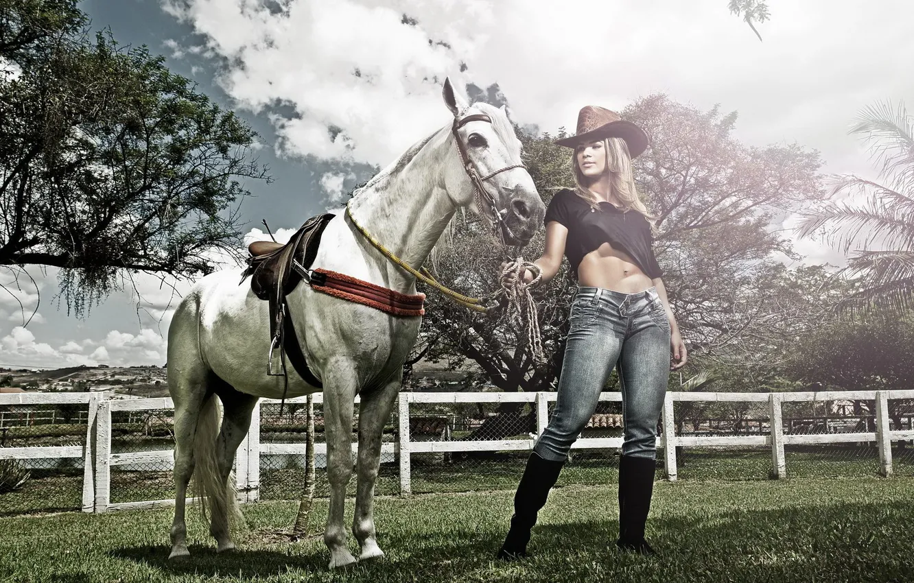 Photo wallpaper girl, background, horse, Kelly Amorim