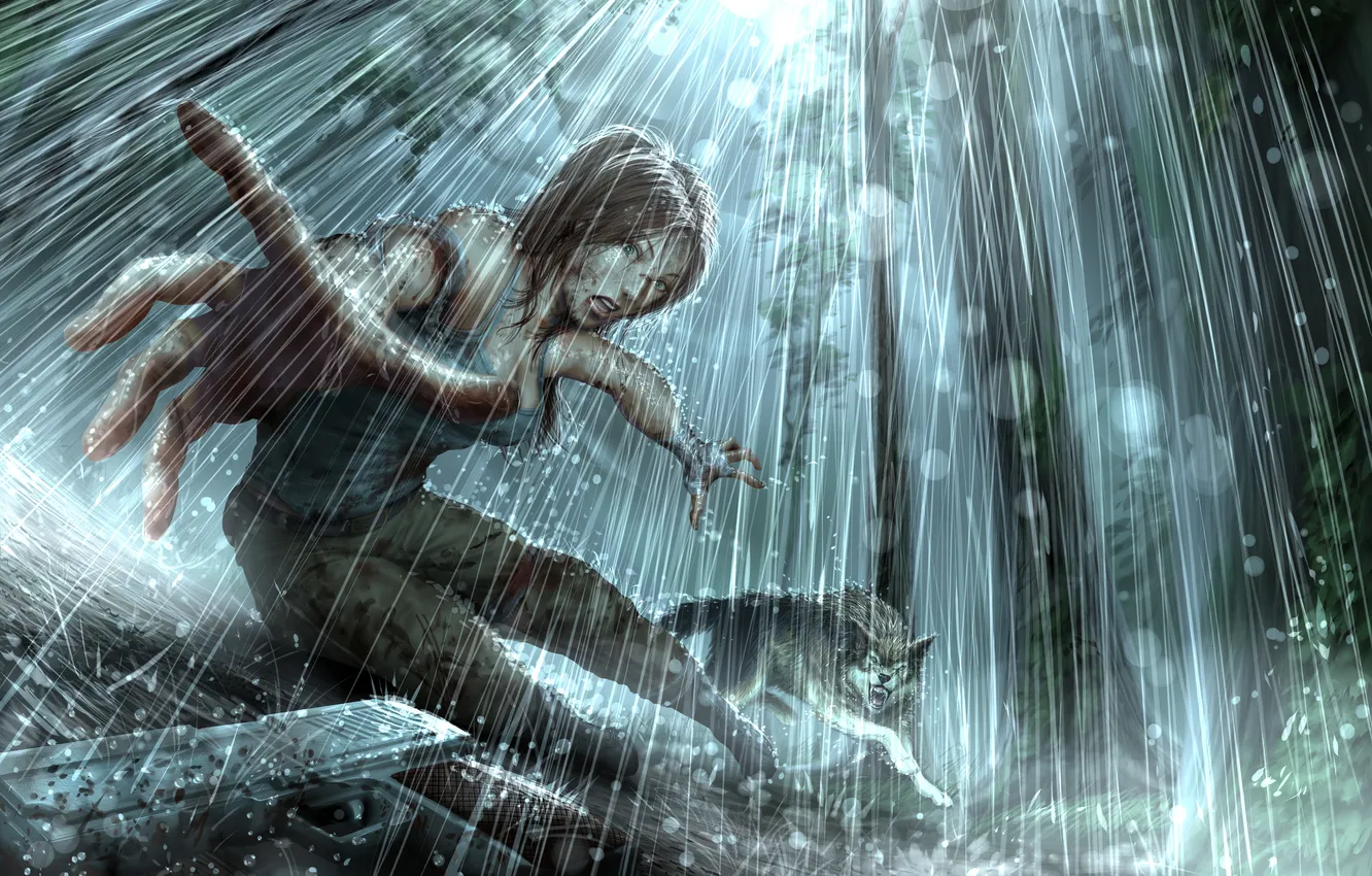 Photo wallpaper girl, rain, wolf, Tomb Raider