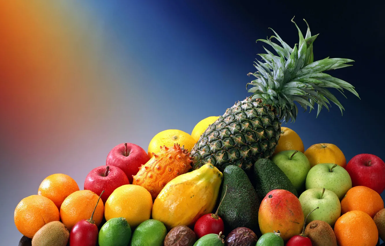 Photo wallpaper background, lemon, apples, orange, fruit, lime, fruit, pineapple