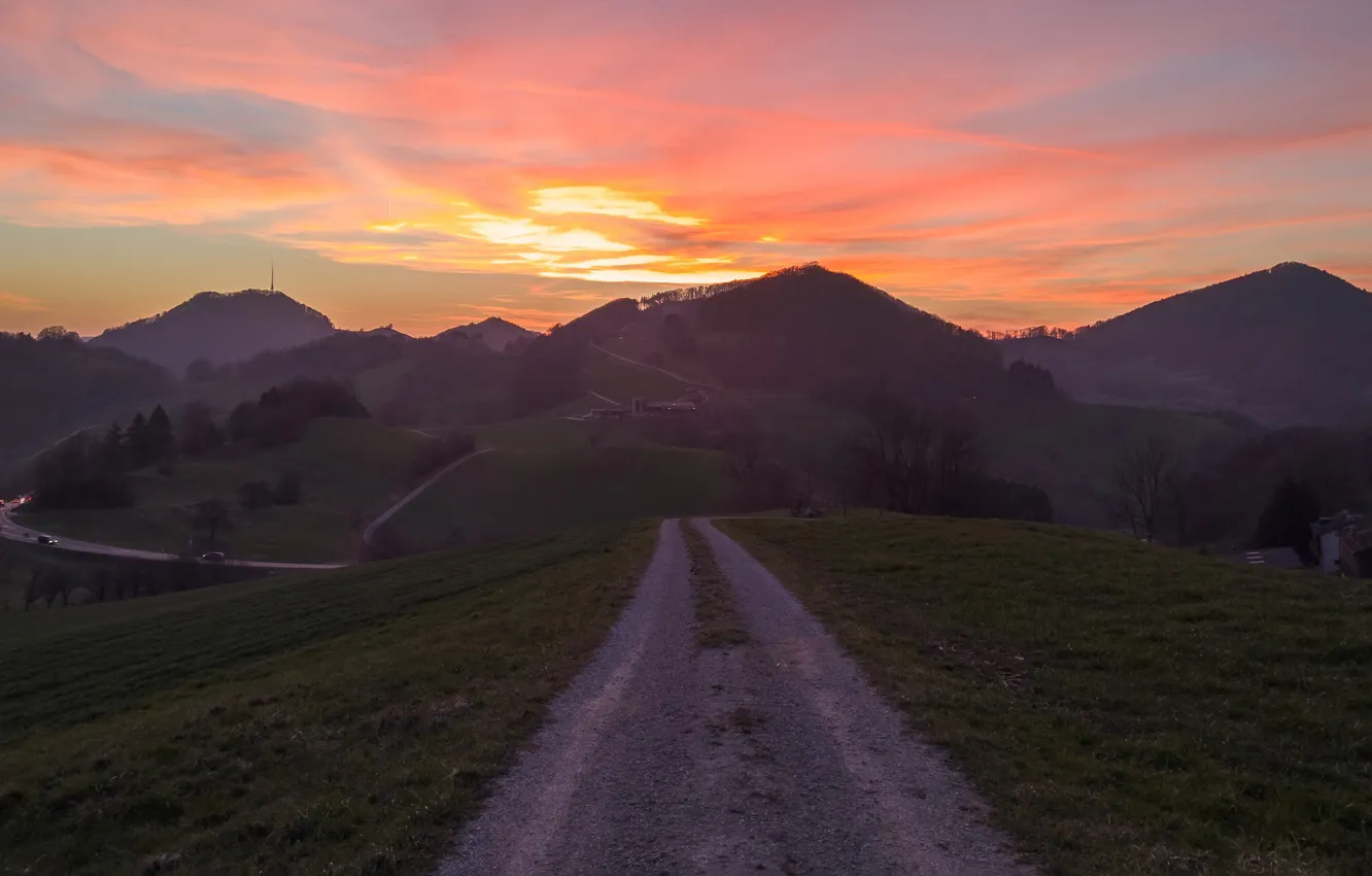 Photo wallpaper road, field, clouds, mountains, dawn
