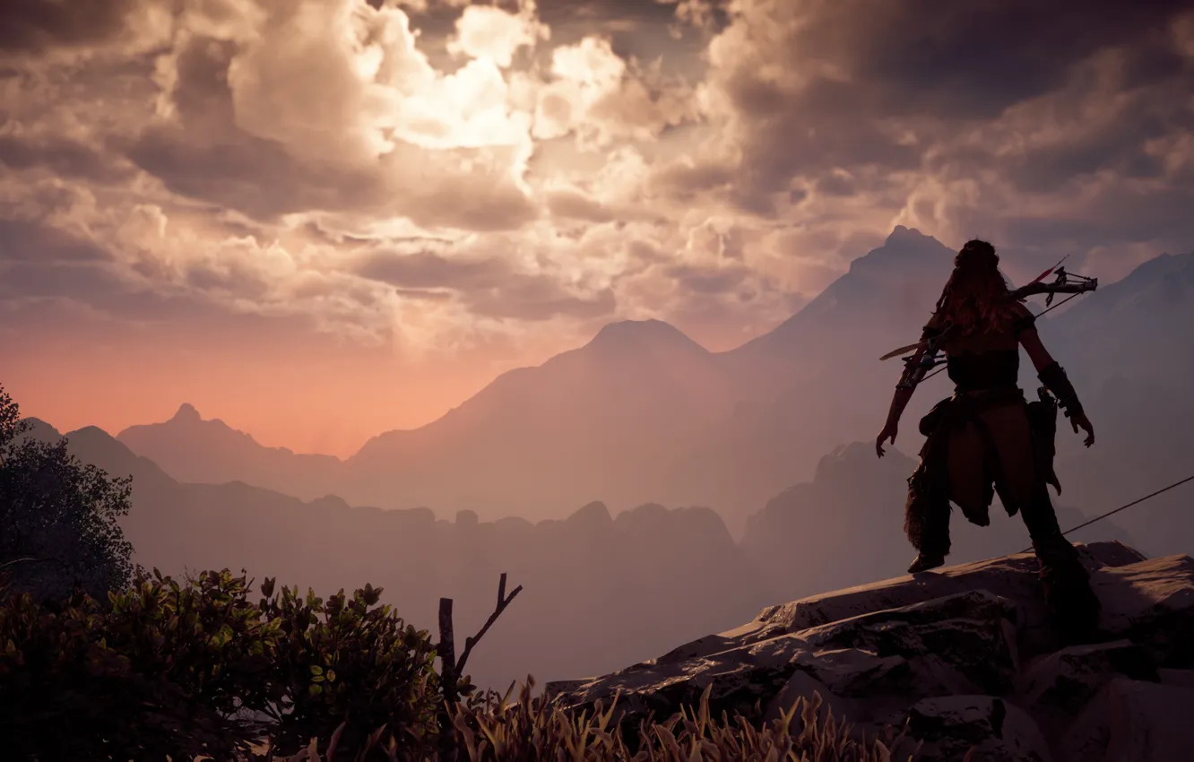 Photo wallpaper the sky, girl, trees, mountains, robot, bow, hunter, horizon