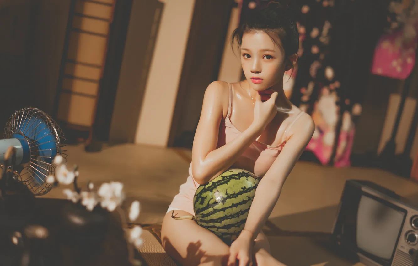 Photo wallpaper summer, hot, woman, beautiful, model, pretty, fruit, asian