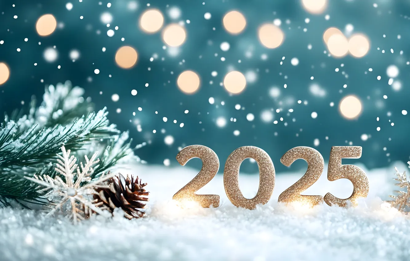 Photo wallpaper winter, snow, snowflakes, lights, new year, figures, needles, bumps