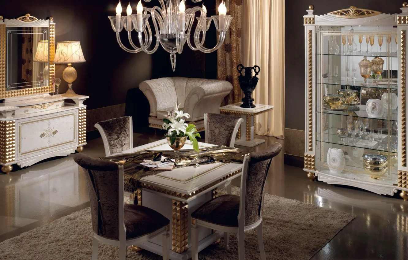 Photo wallpaper flowers, table, furniture, interior, chair, mirror, vase, dining room