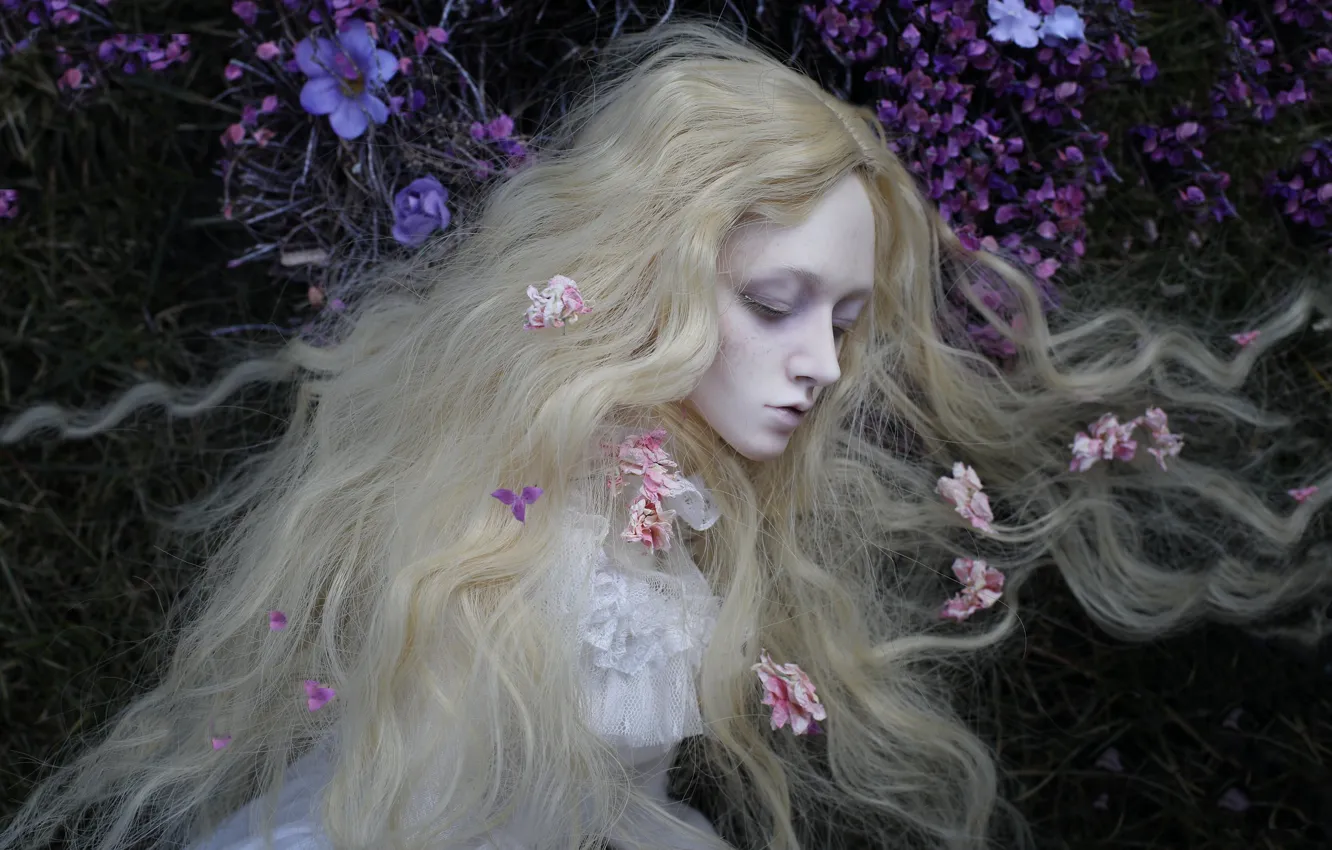 Photo wallpaper girl, flowers, hair, doll, blonde
