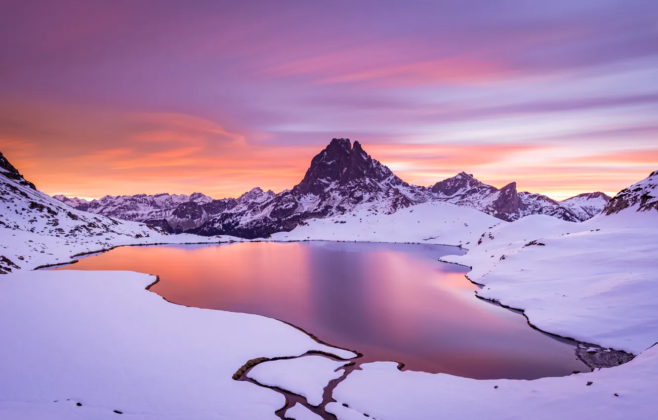 Photo wallpaper winter, the sky, clouds, snow, mountains, lake