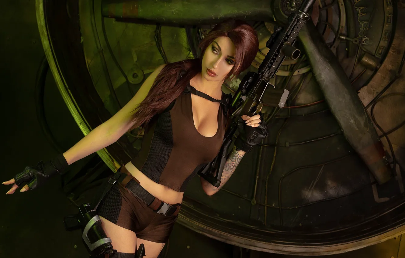 Photo wallpaper gun, tattoo, costume, red, Lara Croft, rifle, holster, cosplay