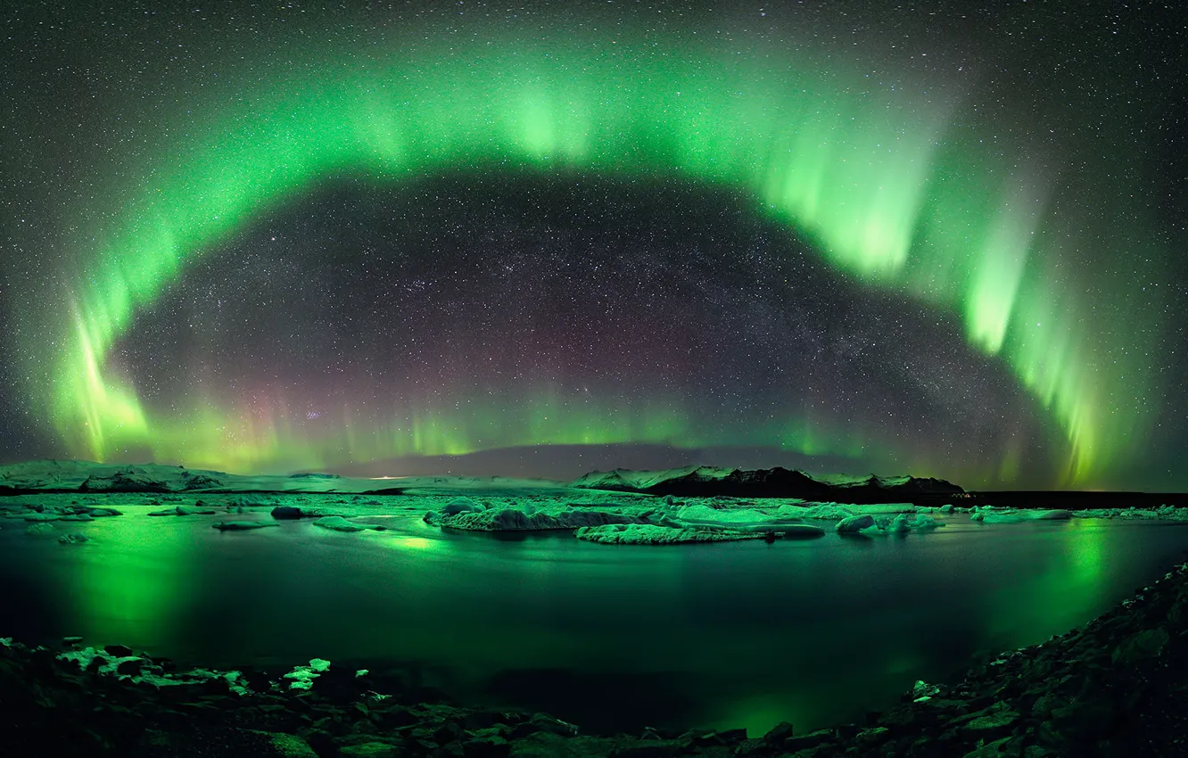 Photo wallpaper ice, the sky, stars, lake, reflection, lights, Iceland, Jokulsarlon