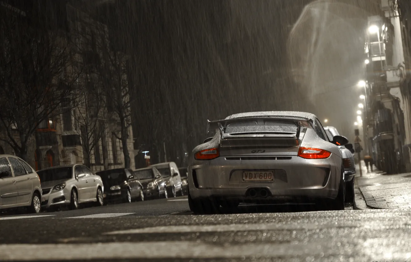 Photo wallpaper grey, rain, Porsche, Porsche, gt3
