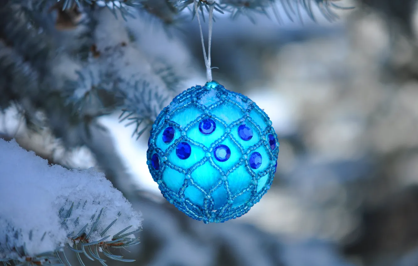 Photo wallpaper balls, snow, decoration, holiday, spruce